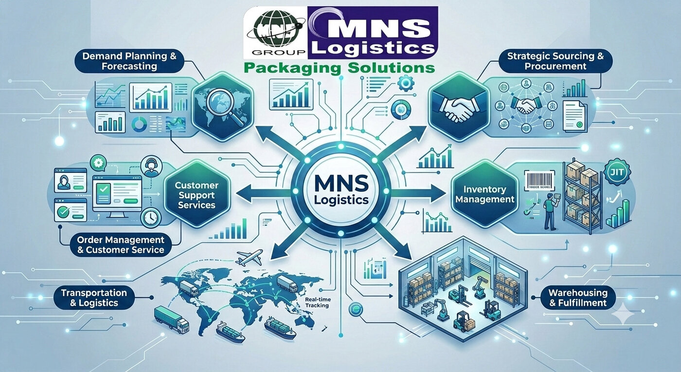 MNS Logistics supply chain ecosystem — demand planning, strategic sourcing, inventory management, warehousing, transportation, order management and customer support